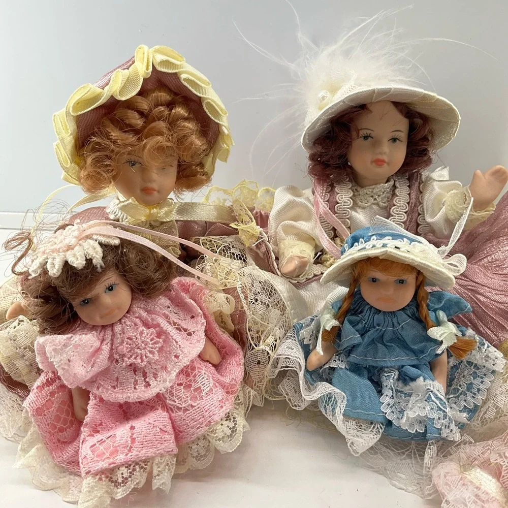 VINTAGE Porcelain Dolls (6) Two Sizes Victorian Hangable (3) Somewhat Posable